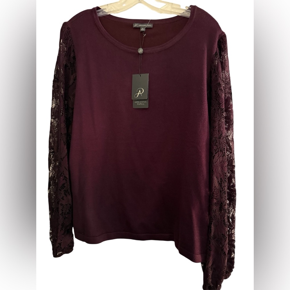 Adrianna Papell burgundy Lace Sleeve Blouse